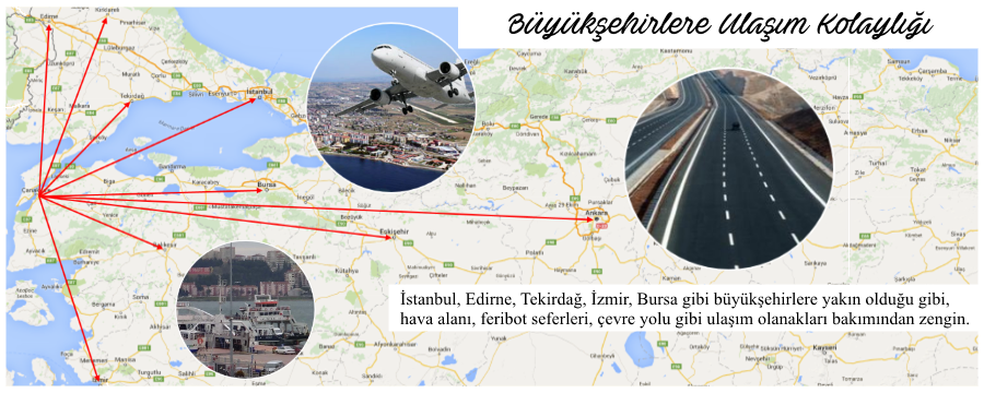 Çanakkale; İstanbul, Edirne, Tekirdağ, İzmir, Bursa gibi büyükşehirlere yakın olduğu gibi, hava alanı, feribot seferleri, çevre yolu gibi ulaşım olanakları bakımından zengin.